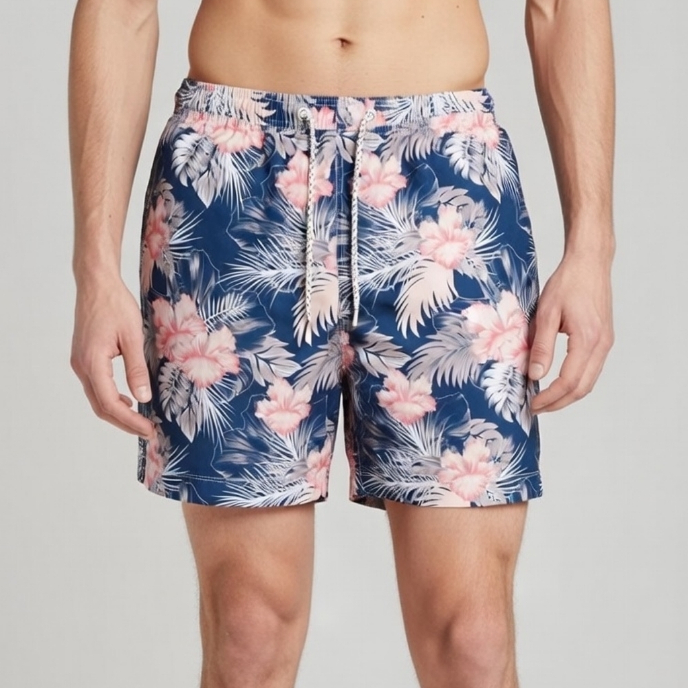 F&F Mens Floral Swim Trunks Blue Pink Tropical Hibiscus Beach Shorts Size XL